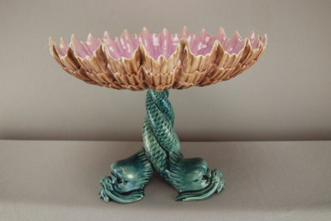 ETRUSCAN majolica extremely rare triple dolphin co: ETRUSCAN majolica extremely rare triple dolphin comport with pointed shell top, 9 1/2"d, 7 1/2"h, very rare form