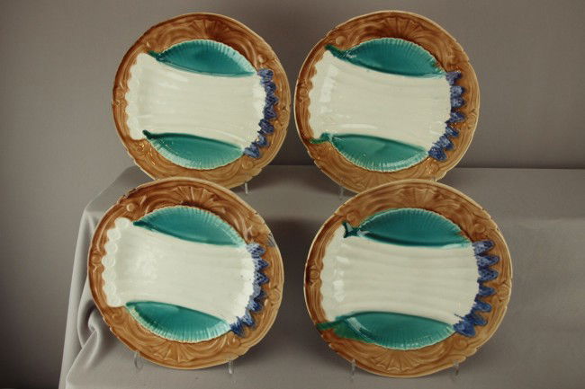 Set of 4-9 3/4" French Orchies majolica asparagus: Set of 4-9 3/4" French Orchies majolica asparagus plates