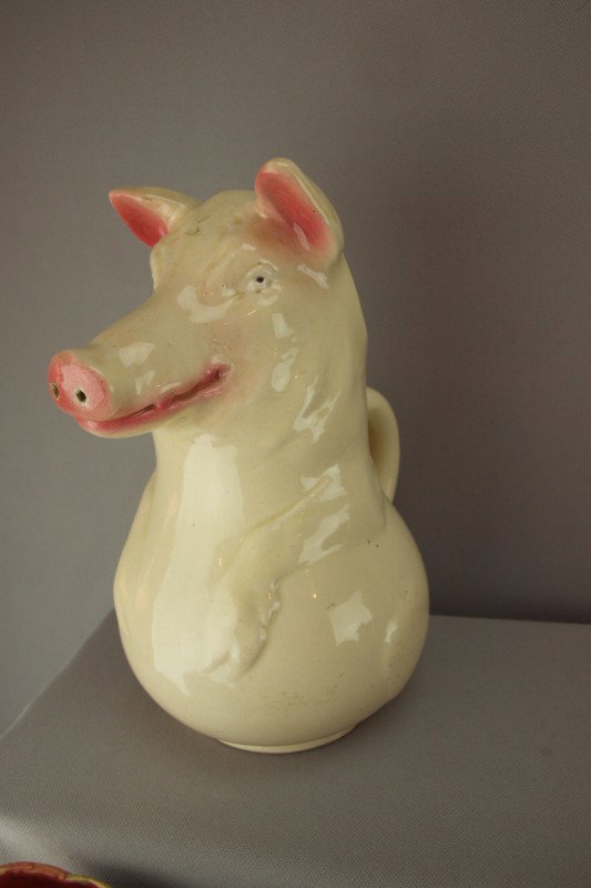 Sarreguemines figural pig pitcher, ref: Cunningham: Sarreguemines figural pig pitcher, ref: Cunningham p. 59, no. 3318, 9 1/2"