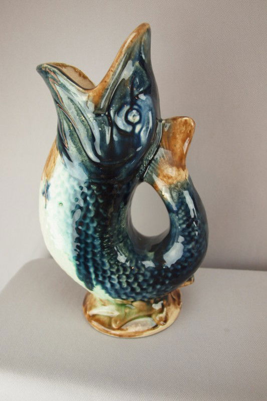 Majolica figural fish pitcher, 9 3/4"h: Majolica figural fish pitcher, 9 3/4"h