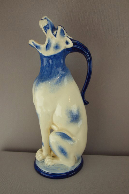 Sarreguemines Foo Dog figural blue and white pitch: Sarreguemines Foo Dog figural blue and white pitcher, 13"