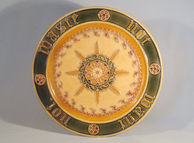 MINTON rare majolica "Waste Not Want Not" bread tr: MINTON rare majolica "Waste Not Want Not" bread tray designed by AWN Pugin, 14", hairline crack professionally restored