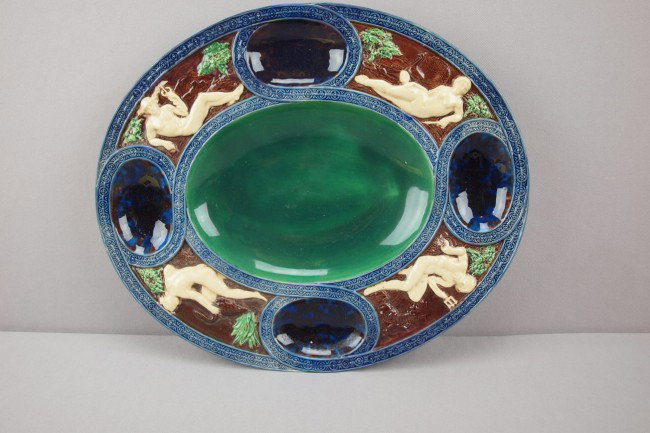 MINTON majolica Palissy style oval platter with My: MINTON majolica Palissy style oval platter with Mythological figures in relief on border, 15", professional rim repair