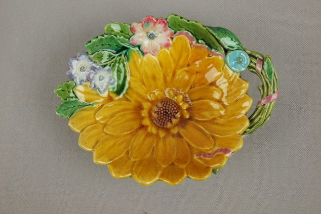 MINTON majolica sunflower and floral ice cream tra: MINTON majolica sunflower and floral ice cream tray, great color, rare form, 6 1/2", shape no. 1691, professional hairline repair