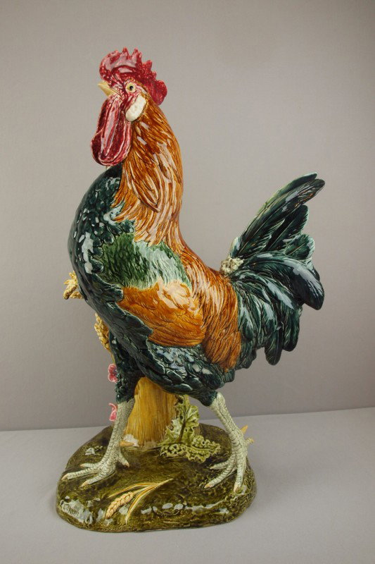 CHOISEY LE ROI monumental life size rooster figura: CHOISEY LE ROI monumental life size rooster figural vase, outstanding color and detail, 27"h, professional repair to tail feathers and leg spurs, rare size, designed and signed by Paul Comolera