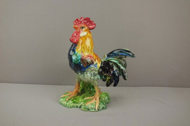 JEROME MASSIER majolica figural rooster spill vas: JEROME MASSIER majolica figural rooster spill vase, 9", great color and detail