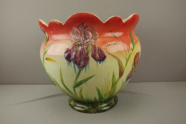 DELPHIN MASSIER majolica iris jardiniere, nice col: DELPHIN MASSIER majolica iris jardiniere, nice color, rim restored, 12"h, 13 1/2"w