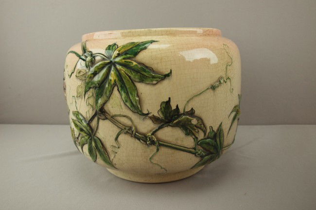 CLEMENT MASSIER majolica floral jardiniere, rim ni: CLEMENT MASSIER majolica floral jardiniere, rim nicks, crazing, 9 1/2"h, 12"d