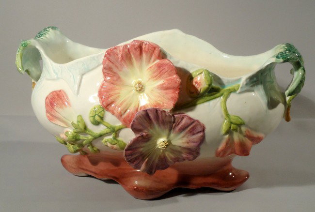 DELPHIN MASSIER large majolica planter, 14", marke: DELPHIN MASSIER large majolica planter, 14", marked D.V.M., nice color and detail, minor professional repair to base rim