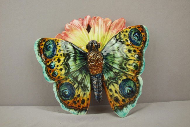 JEROME MASSIER rare majolica wall pocket in the f: JEROME MASSIER rare majolica wall pocket in the form of a butterfly, outstanding color and detail, 10"h, 11"w