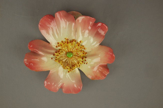 DELPHIN MASSIER poppy floral wall pocket, profess: DELPHIN MASSIER poppy floral wall pocket, professional repair to rim, 9 1/2"h, 10"w