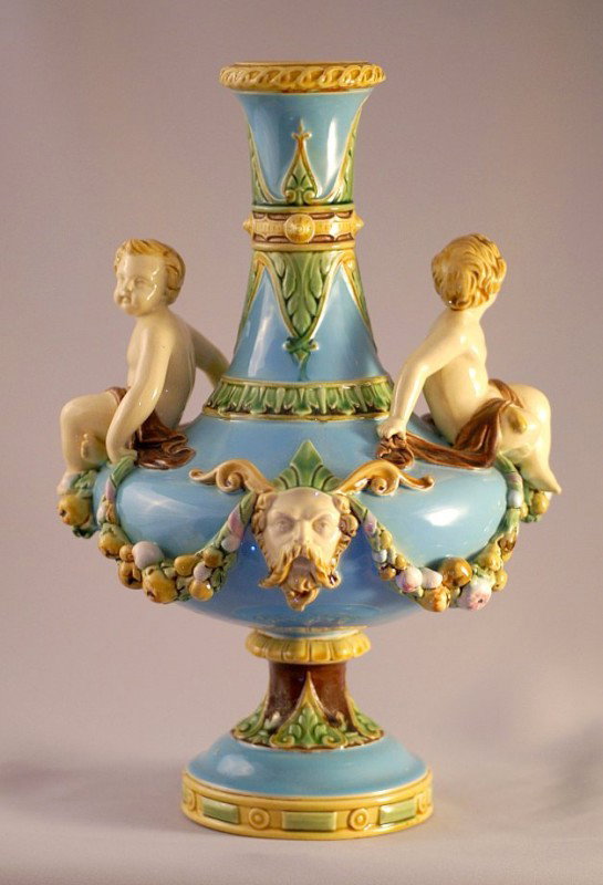 MINTON majolica rare form bottle vase with cherub : MINTON majolica rare form bottle vase with cherub handles, 12", great detail