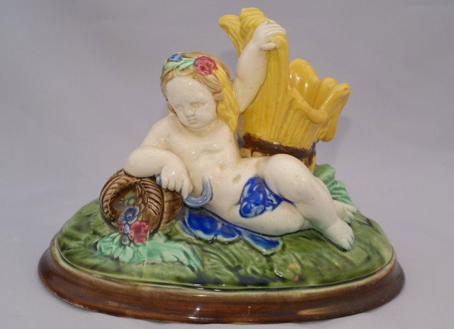 SARREGUEMINES rare form majolica girl with wheat: SARREGUEMINES rare form majolica girl with wheat posy vase, nice details, 8", professional repair to wheat vase