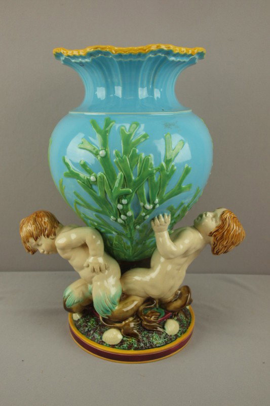 MINTON majolica triton vase, large turquoise vase: MINTON majolica triton vase, large turquoise vase with seaweed supported by three tritons on shell base, great color, shape no. 526, 17", ref: Karmason-Stacke p. 62, professional repair to necks of tw