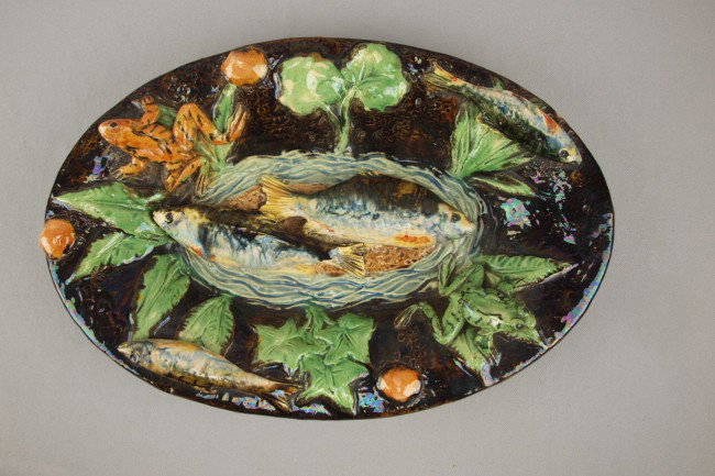 ALFRED RENOLEAU circa 1890 Large French Palissy W: ALFRED RENOLEAU circa 1890 Large French Palissy Ware platter with applied fish, frogs and leaves, 16"l