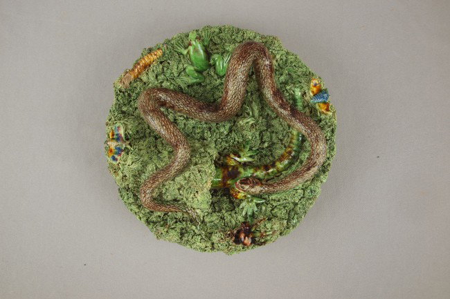 Portugal Palissy Ware plaque with snake, lizard, : Portugal Palissy Ware plaque with snake, lizard, frog and other creatures on heavy green grass ground, nicks to high points, 9 1/2"