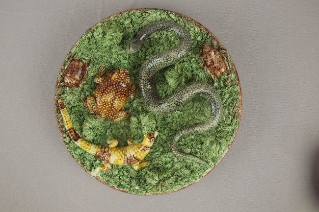 Mafra Portugal Palissy Ware plaque with snake, toa: Mafra Portugal Palissy Ware plaque with snake, toad, salamander and beatles on heavy grass ground, nice detail, 9 1/2"