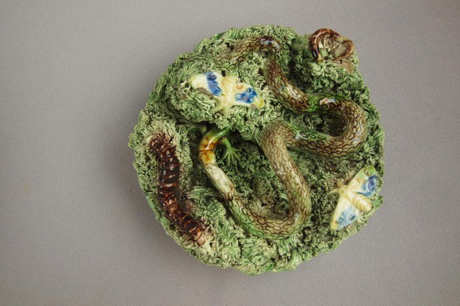 Portugal Palissy Ware small plaque with snake, sal: Portugal Palissy Ware small plaque with snake, salamander and other sealife on heavy grass ground, 5 1/2"