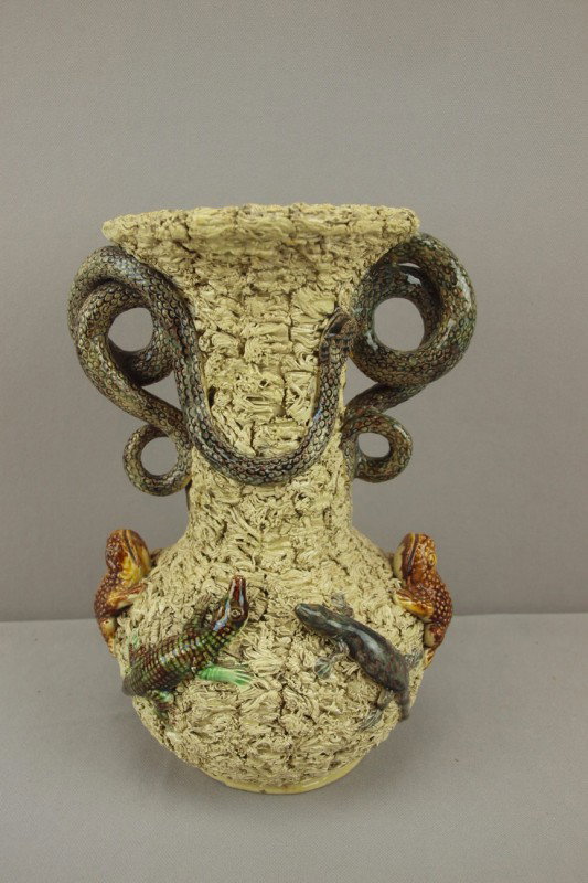Portugal Mafra Palissy Ware vase with snake handle: Portugal Mafra Palissy Ware vase with snake handles, heavy grass ground with frogs, salamanders and lizards, profssional handle repair, 10 1/2"