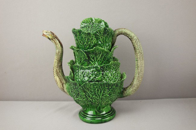 Portugal Palissy Ware majolica cabbage coffee pot : Portugal Palissy Ware majolica cabbage coffee pot with snake handle and spout, nice detail, professional repair to leaf tips and spout, 9"