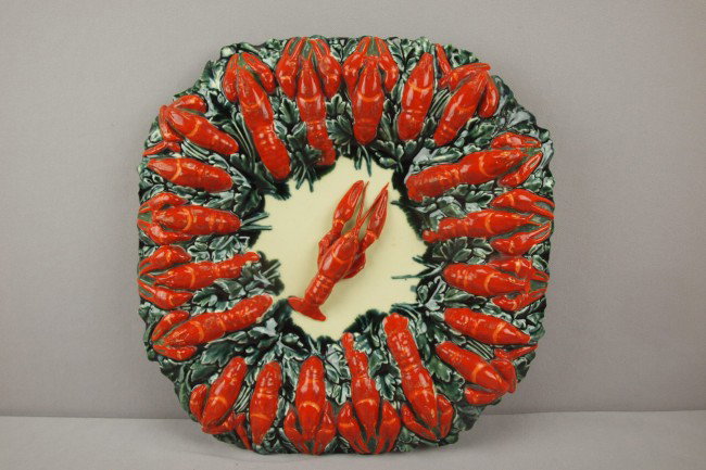 Longchamp French majolica seafood tray with lobste: Longchamp French majolica seafood tray with lobster border and center, great detail, rare form, 14", professional rim repair