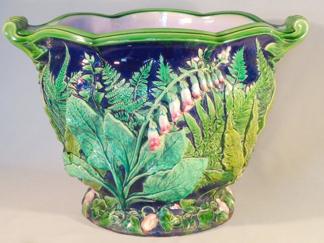 MINTON majolica cobalt foxglove jardiniere, 13", d: MINTON majolica cobalt foxglove jardiniere, 13", date code for 1862, great color and detail