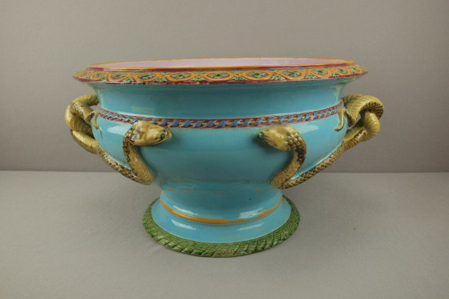 MINTON turquoise snake handled jardiniere, shape n: MINTON turquoise snake handled jardiniere, shape no. 532, 19 1/2"w, 10"h, hairline