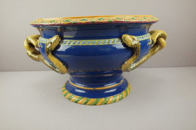 MINTON cobalt snake handled jardiniere, 20 1/2"w, : MINTON cobalt snake handled jardiniere, 20 1/2"w, 10 1/2"h shape no. 532, professional repair to base, rim chips to to rim