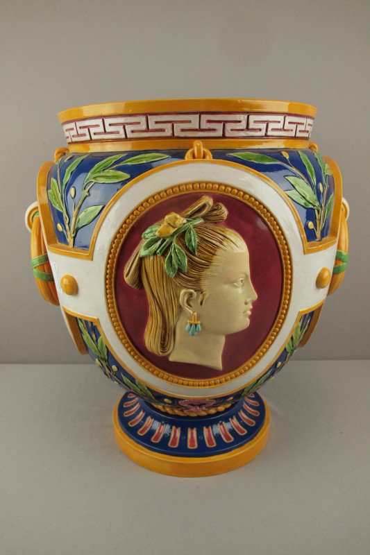 MINTON cobalt jardiniere depicting Europe and Asia: MINTON cobalt jardiniere depicting Europe and Asia, ref: Karmason-Stacke p. 38, shape no. 1379, 19"h, 18"w, great color and detail, professional repair to rim