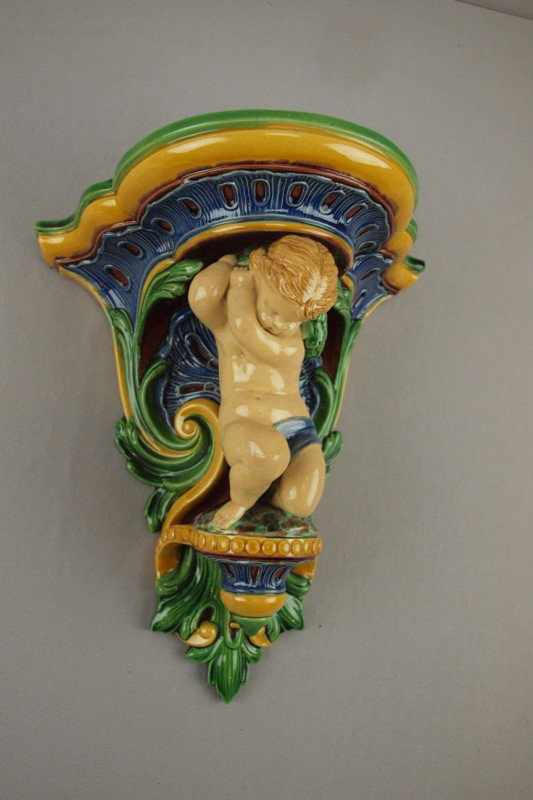 MINTON majolica wall bracket shelf with putti, ni: MINTON majolica wall bracket shelf with putti, nice detail, 11 1/2"h, 10 1/4"w