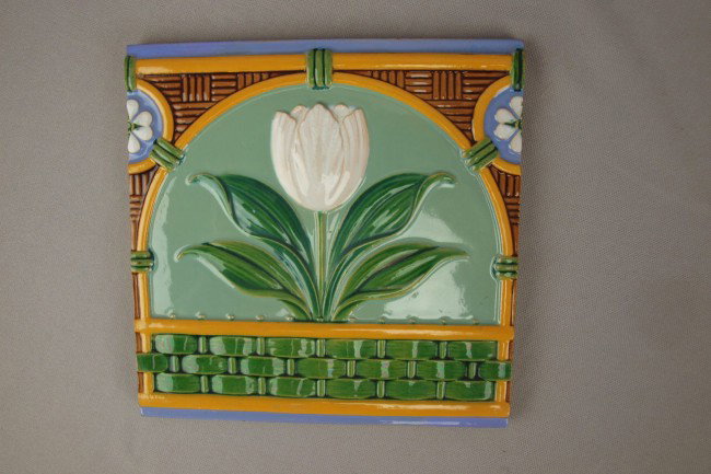 MINTON 8" tile with tulip on lavender ground with: MINTON 8" tile with tulip on lavender ground with basket motif, great color and detail