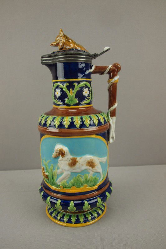 GEORGE JONES majolica cobalt fox hunt ewer with h: GEORGE JONES majolica cobalt fox hunt ewer with hinged cover, professional repair to minor hairline to lid, 12"