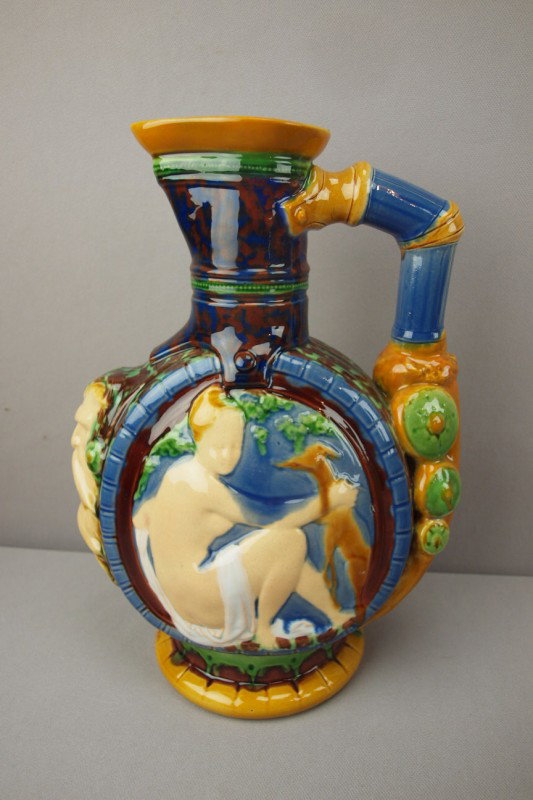 MINTON majolica "Diana" jug, 11"h, professional r: MINTON majolica "Diana" jug, 11"h, professional repair to rim