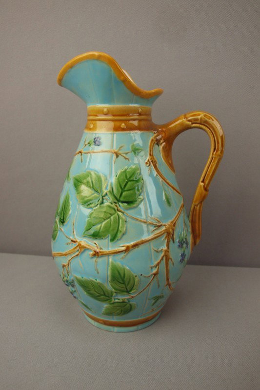 MINTON majolica hopps barrel pitcher, nice color,: MINTON majolica hopps barrel pitcher, nice color, 9", professional repair to handle