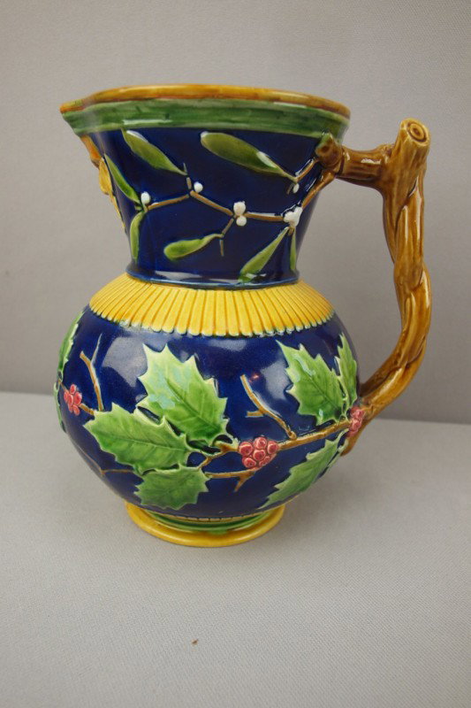 MINTON cobalt holly Christmas jug with vine handle: MINTON cobalt holly Christmas jug with vine handle, nice color, professional rim repair