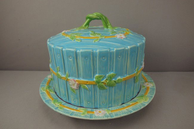 GEORGE JONES majolica turquoise picket fence chee: GEORGE JONES majolica turquoise picket fence cheese keeper, 8"h, 10 1/2"d, minor professional rim chip repair