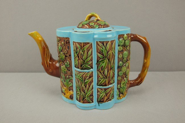 MINTON Aesthetic majolica teapot with Oriental mot: MINTON Aesthetic majolica teapot with Oriental motif, 6"h, shape no. 2268, professional repair to spout and hairline to base