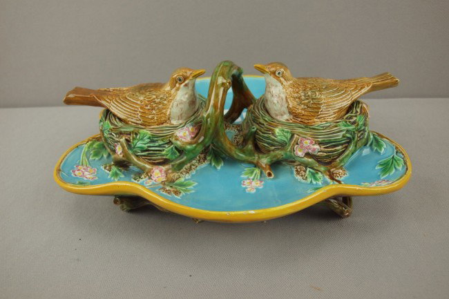 GEORGE JONES majolica rare form inkstand in the f: GEORGE JONES majolica rare form inkstand in the form of two birds on nest on turquoise floral tray with vine handle, with inkwell inserts, outstanding color and detail, professional repair to tail and