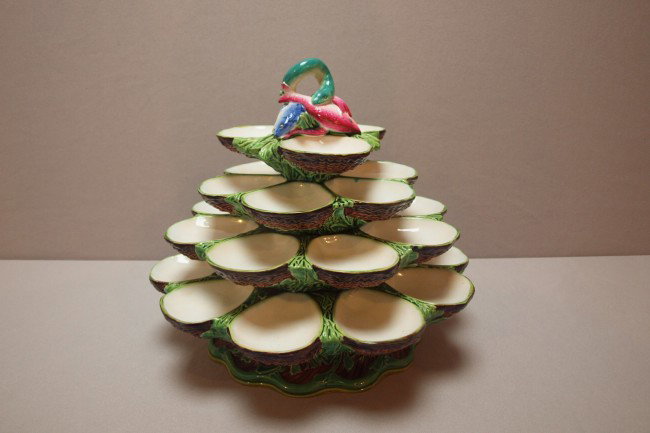 MINTON majolica 4 tier revolving oyster server, r: MINTON majolica 4 tier revolving oyster server, ref: Karmason-Stacke p. 45, 11"h, professional rim repair to 6 wells