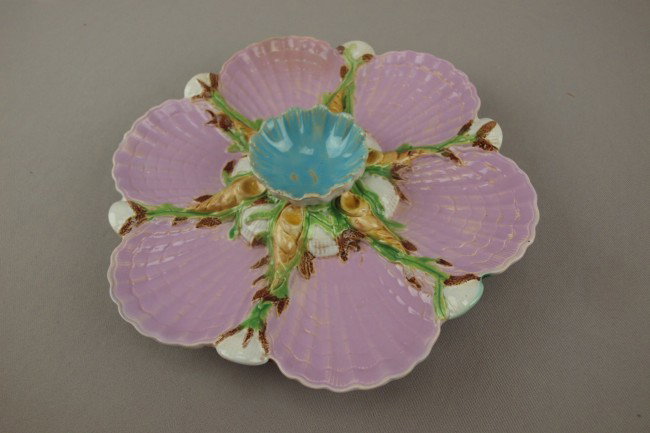 GEORGE JONES majolica pink 6 well oyster plate wi: GEORGE JONES majolica pink 6 well oyster plate with raised white center shell, 10 1/4", professional rim repair