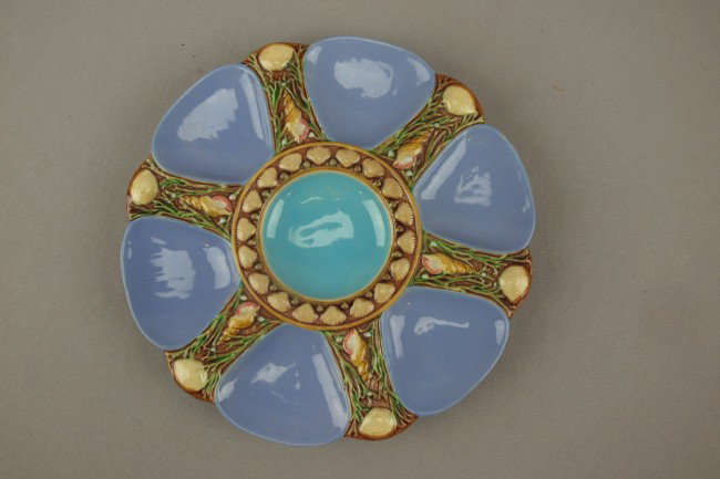 MINTON majolica RARE lavender 6 well oyster plate,: MINTON majolica RARE lavender 6 well oyster plate, shape no. 1323, lavender is the rarest of this Minton shape, ref: Karsnitz p. 53, lavender wells with turquoies center