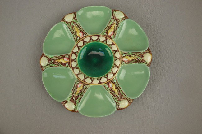 MINTON majolica 6 well oyster plate with seamist g: MINTON majolica 6 well oyster plate with seamist green wells , shape no. 1323, 9", professional rim repair