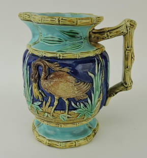 Majolica cobalt and turquoise stork: in marsh jug, 7"