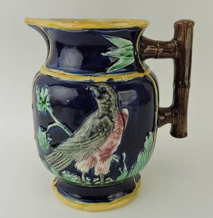 Majolica cobalt eagle jug, 9 1/2",: professional repair to spout tip