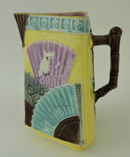 Majolica tri-corner owl and fan jug,: 9", professional rim repair