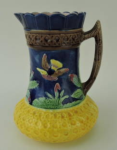 Eureka majolica cobalt hummingbird: jug, 8 1/2", professional rim repair