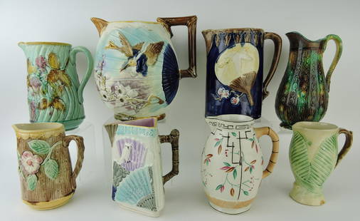 Majolica lot of 8 jugs, 6 1/2 to 9",: various condition