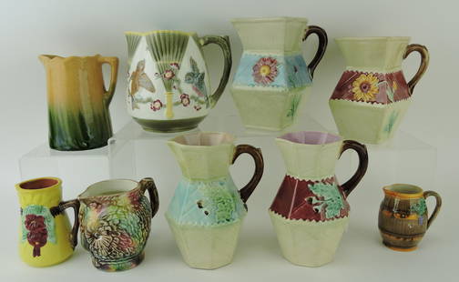 Majolica lot of 8 jugs and creamers,: 3 to 6 1/2", various condition