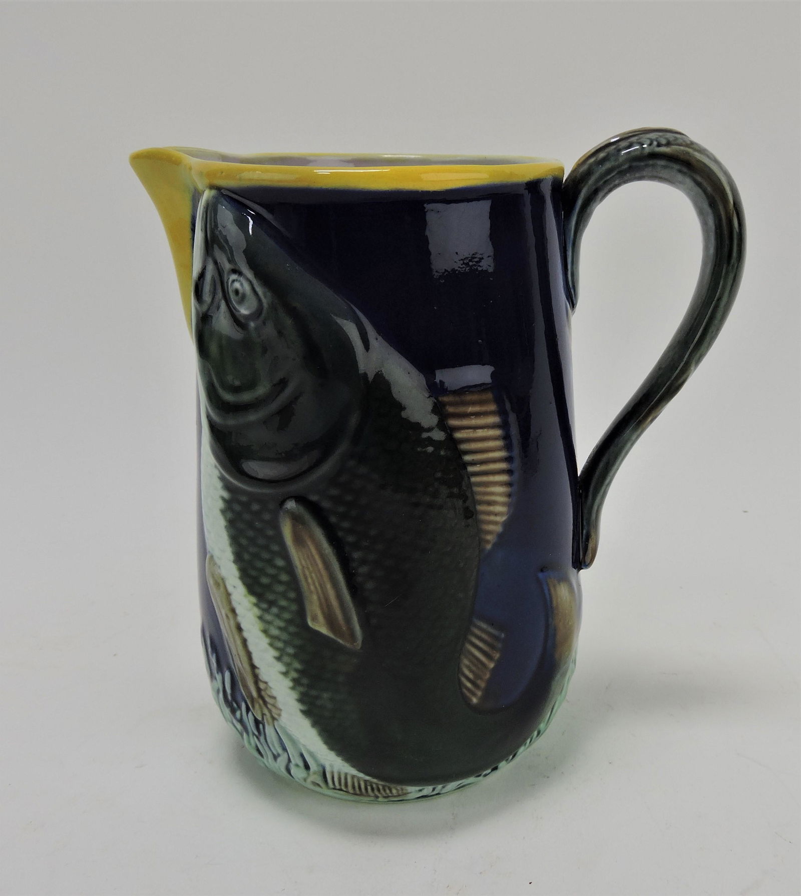 Cobalt majolica fish pitcher with (1 of 1)