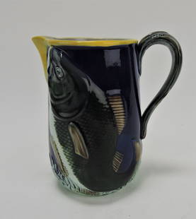 Cobalt majolica fish pitcher with: fish handle